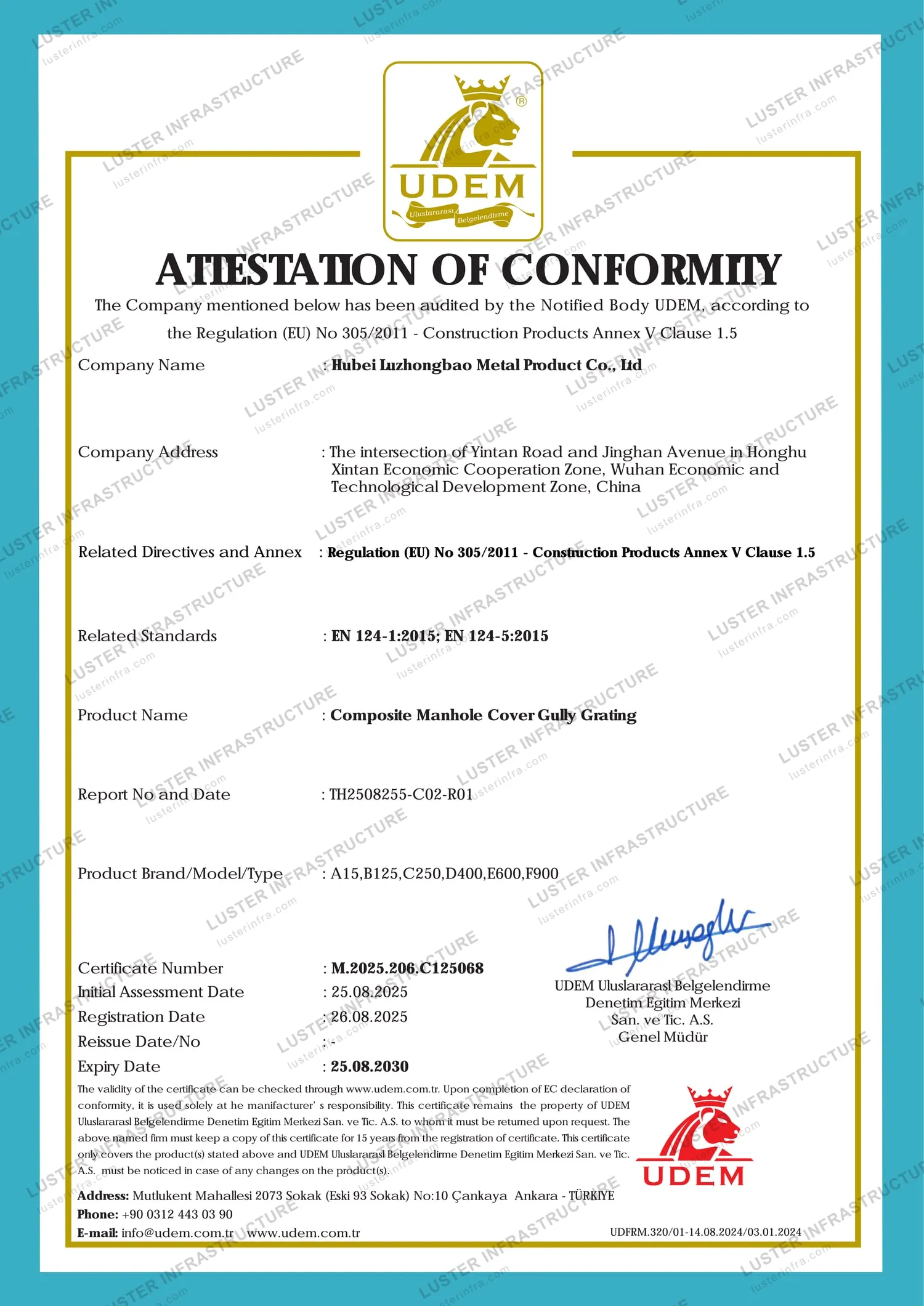 EN 124 certificate — Composite — Load Class Test (watermarked specimen)