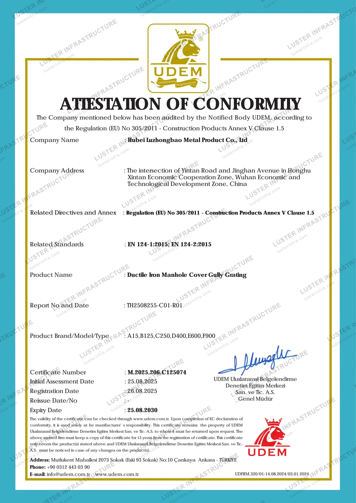 EN 124 certificate — Ductile Iron — Load Class Test (watermarked specimen)